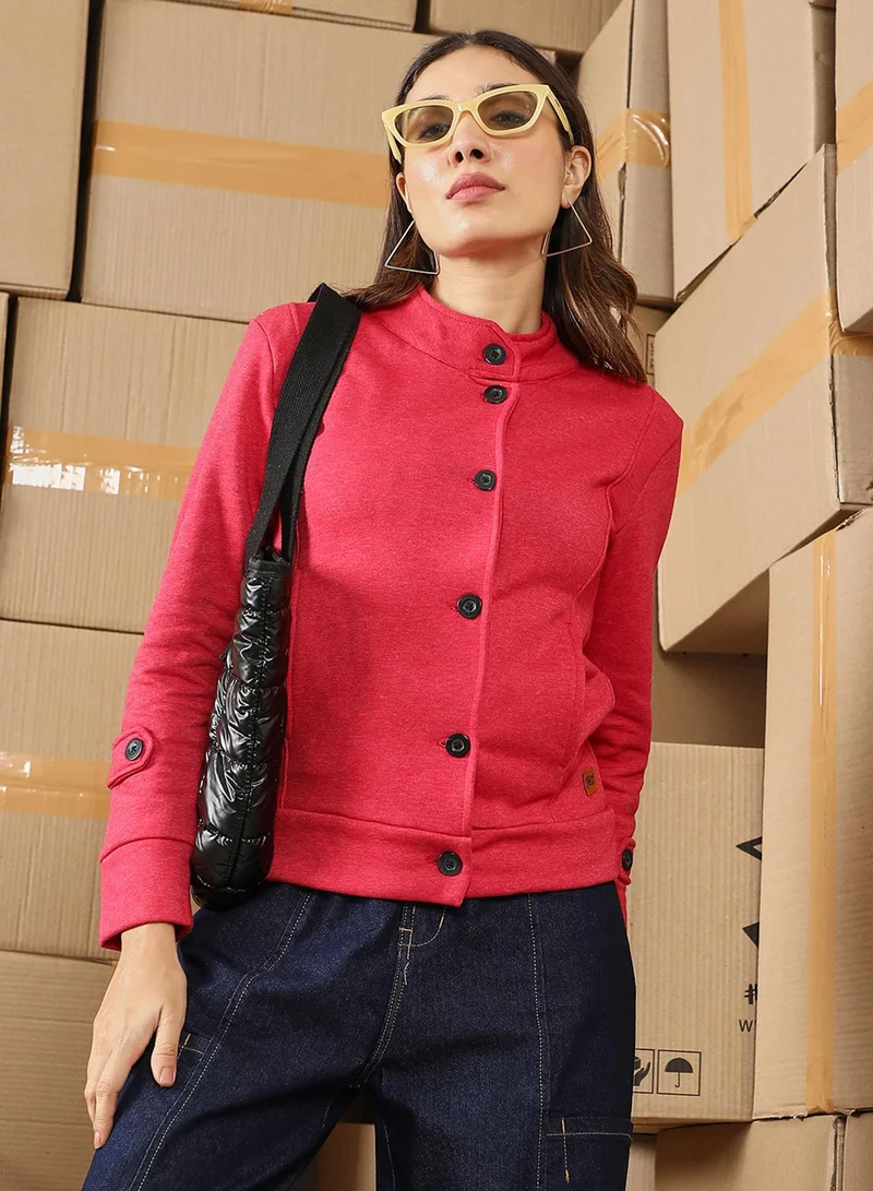 كامبوس سوترا Women's Rose Red Solid Knit Jacket For Casual Wear | High Neck | Long Regular Sleeves | Button Closure | Jacket Crafted With Comfort Fit For Everyday Wear